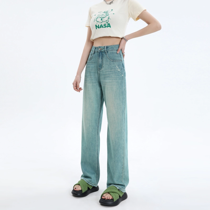 玫丝朵 美式破洞毛边设计高腰垂感阔腿牛仔裤 女款 翡翠绿