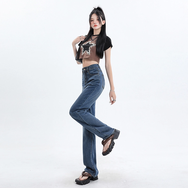 玫丝朵 薄款高腰宽松百搭阔腿垂感牛仔裤 女款