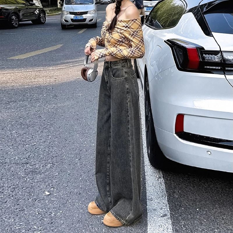 玫丝朵 春季美式复古宽松百搭高腰阔腿拖地女牛仔裤 女款 怀旧蓝灰