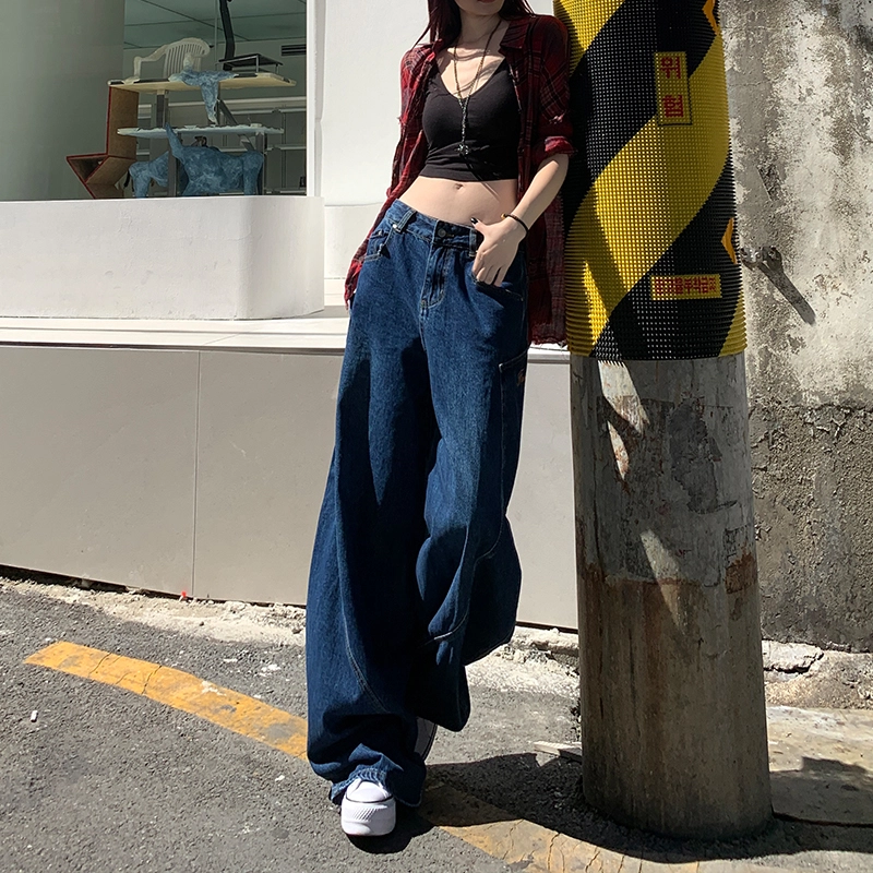 玫丝朵 日系少年感街头弯刀拼接牛仔裤 女款