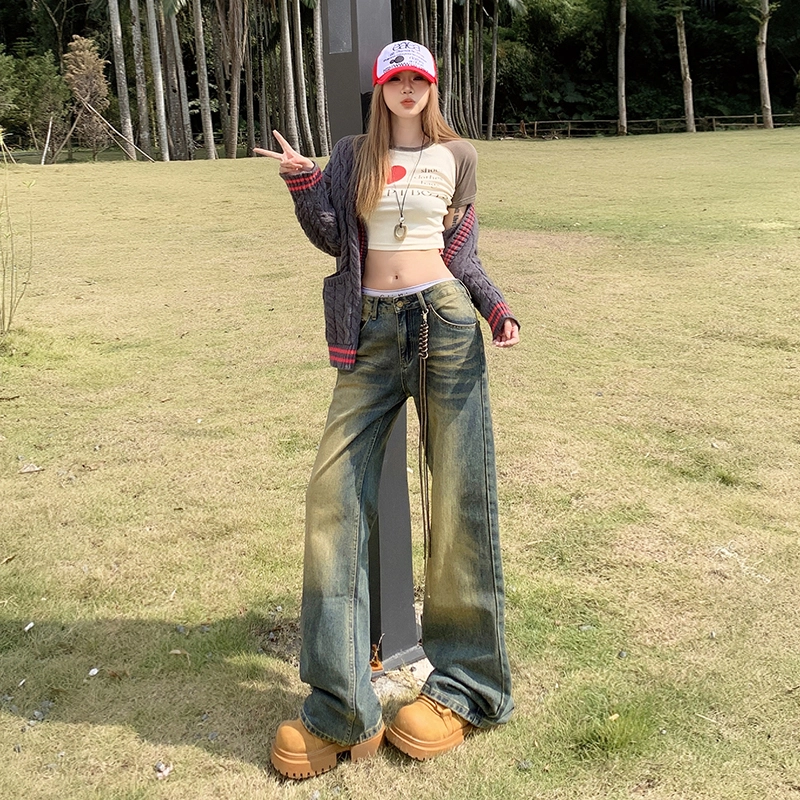 玫丝朵 美式高街直筒复古做旧宽松低腰牛仔裤 女款