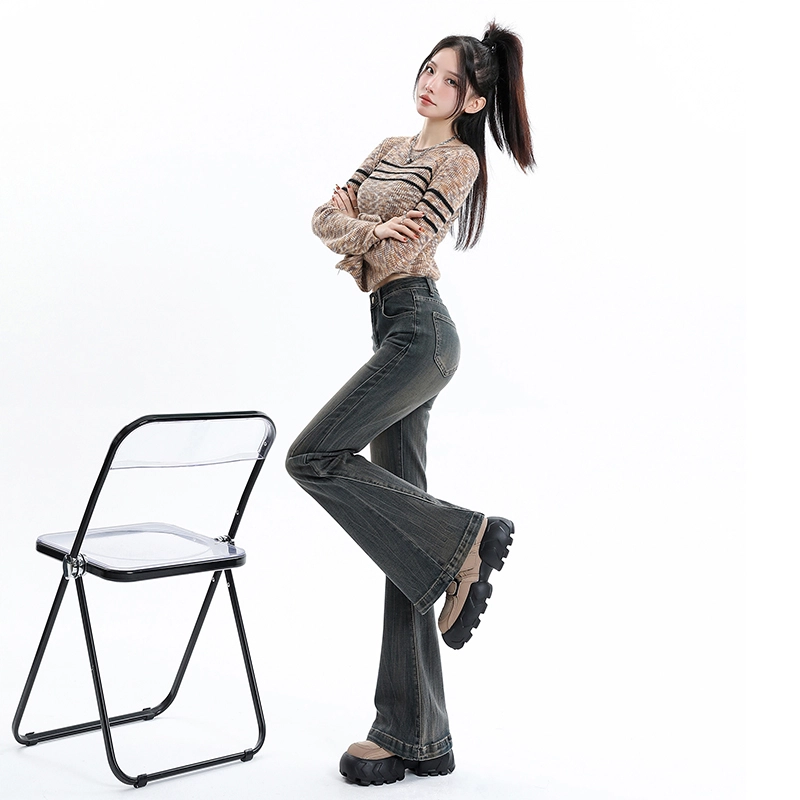 玫丝朵 复古高街做旧猫须设计感微喇拖地牛仔裤 女款