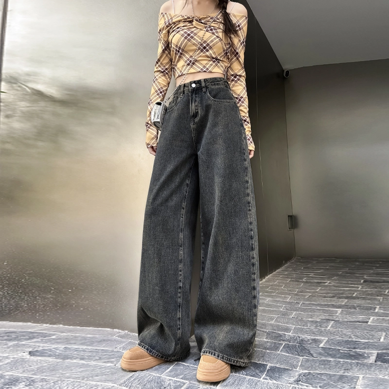 玫丝朵 春季美式复古宽松百搭高腰阔腿拖地女牛仔裤 女款 怀旧蓝灰
