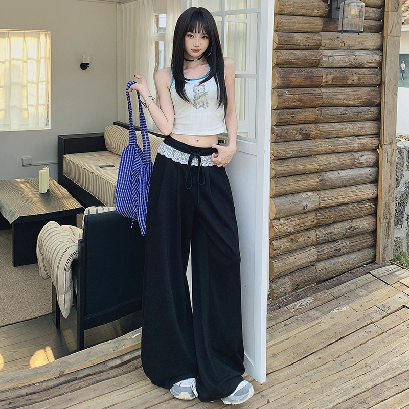 玫丝朵 复古气质蕾丝花边拼接撞色设计高级垂感抽绳慵懒风休闲裤 女款