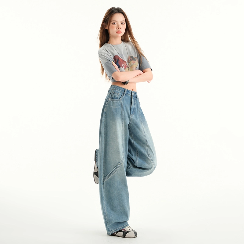 玫丝朵 美式复古廓形弯刀设计宽松百搭直筒牛仔裤 女款 蓝色