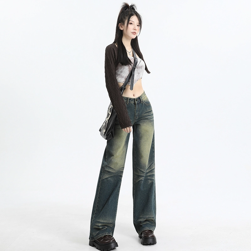 玫丝朵 美式复古怀旧高腰宽松直筒拖地牛仔裤 女款