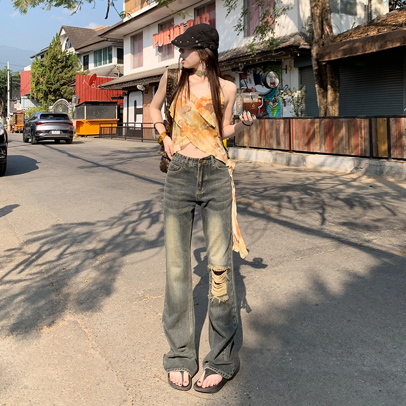 玫丝朵 美式复古酷飒破洞流苏设计时尚百搭喇叭牛仔裤 女款