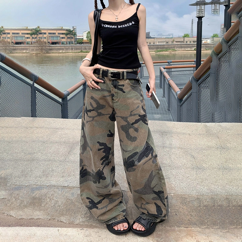 玫丝朵 美式复古高腰迷彩设计时尚百搭宽松直筒阔腿牛仔裤 女款