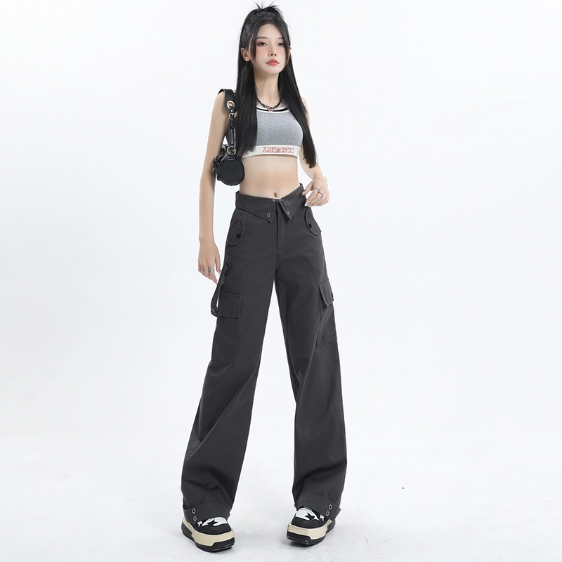 玫丝朵 美式街头高腰翻边腰头设计宽松直筒工装休闲裤 女款 灰色