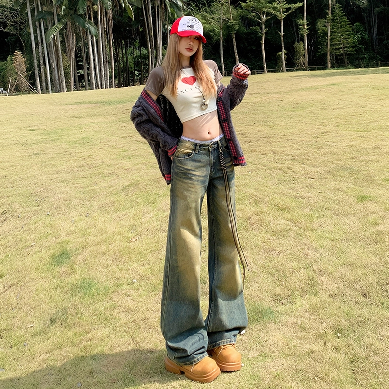 玫丝朵 美式高街直筒复古做旧宽松低腰牛仔裤 女款