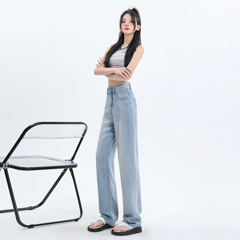 玫丝朵 薄款高腰宽松百搭阔腿垂感牛仔裤 女款