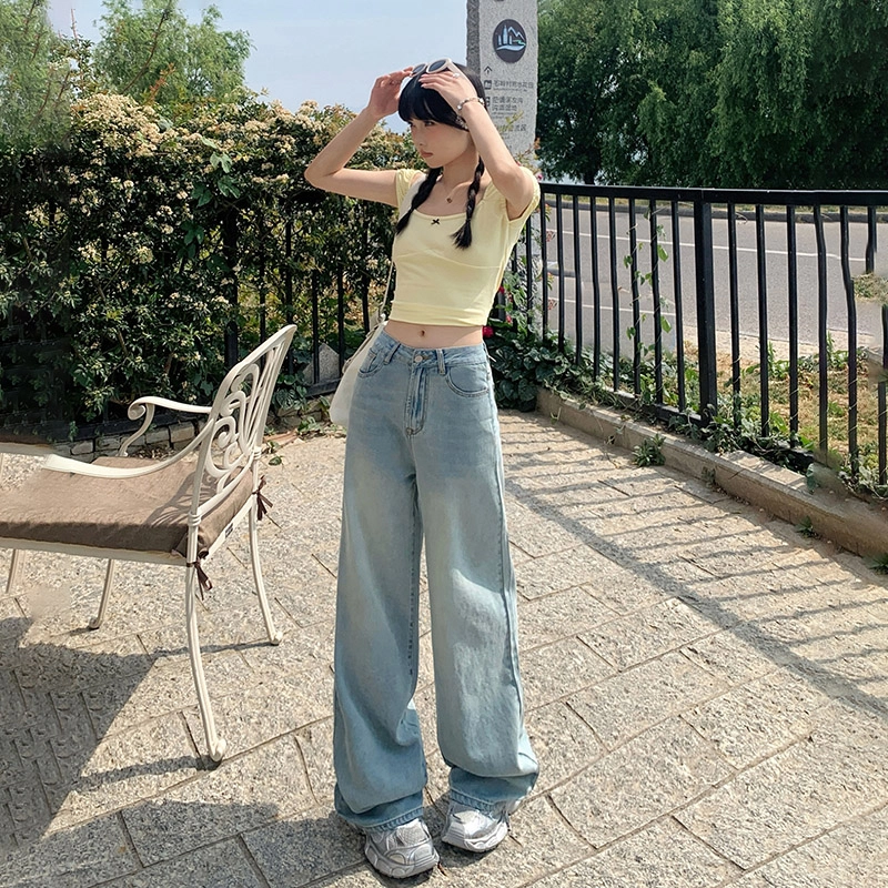 玫丝朵 美式复古做旧设计时尚简约百搭宽松直筒垂感裤子女夏季牛仔裤 女款