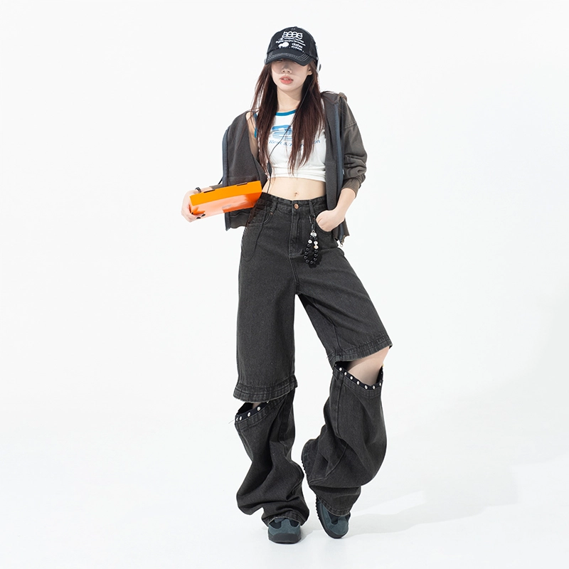 玫丝朵 美式街头休闲风可拆卸铆钉设计百搭宽松直筒牛仔裤 女款 黑色