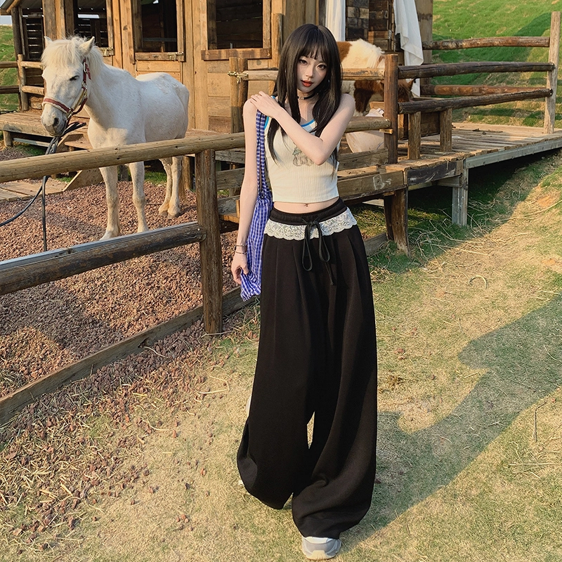 玫丝朵 复古气质蕾丝花边拼接撞色设计高级垂感抽绳慵懒风休闲裤 女款