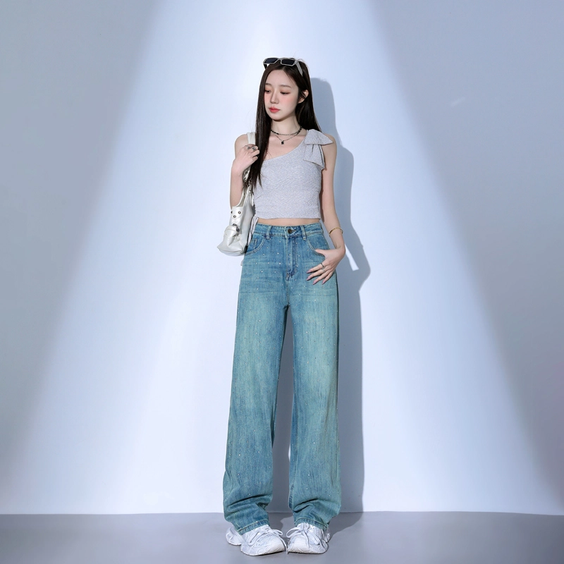 玫丝朵 美式潮流设计时尚百搭宽松阔腿牛仔裤 女款 烫钻孔雀绿