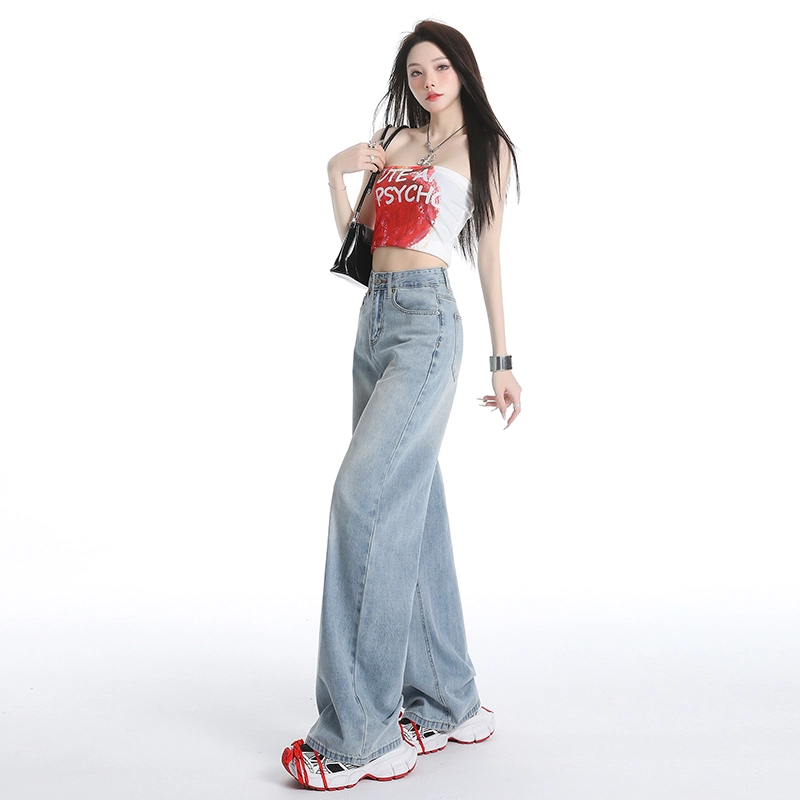 玫丝朵 美式复古直筒高腰宽松牛仔裤 女款