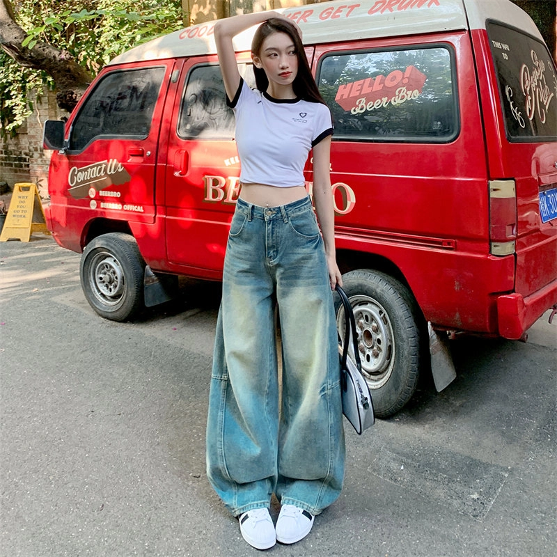 玫丝朵 美式重工拼接扎花宽松弯刀裤慵懒镰刀宽松休闲牛仔裤 女款