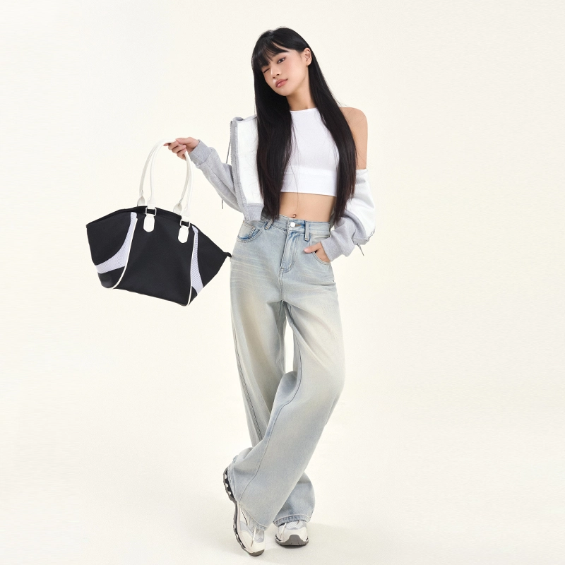 玫丝朵 街头做旧水洗磨破抓痕磨白直筒牛仔裤 女款 浅蓝色