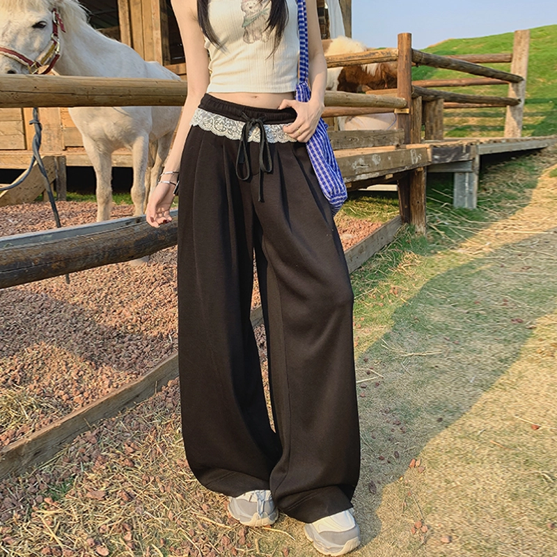 玫丝朵 复古气质蕾丝花边拼接撞色设计高级垂感抽绳慵懒风休闲裤 女款