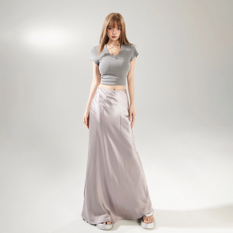 玫丝朵 流光极简丝滑垂感半身裙百搭修身休闲长裙 女款 紫色