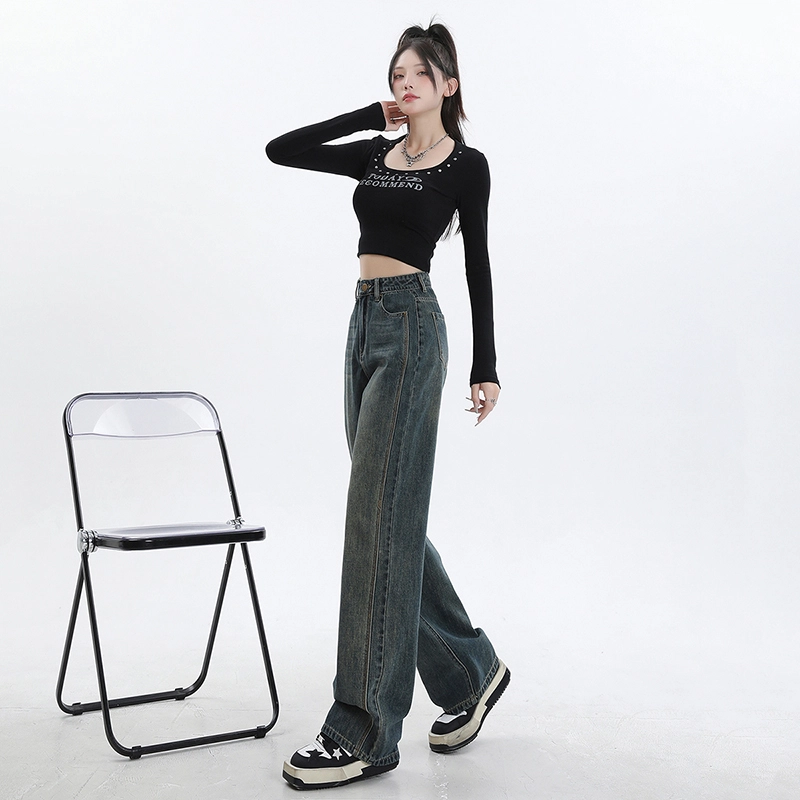 玫丝朵 美式复古百搭高腰宽松阔腿长裤牛仔裤 女款 洗水黄