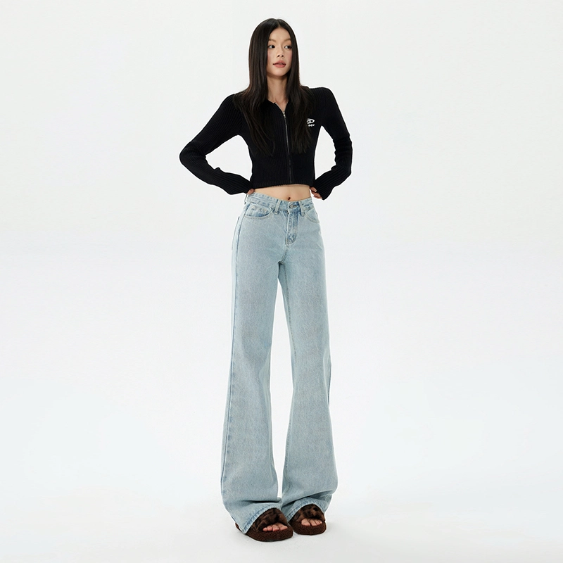 玫丝朵 复古直筒高腰宽松垂感拖地牛仔裤 女款 浅蓝色