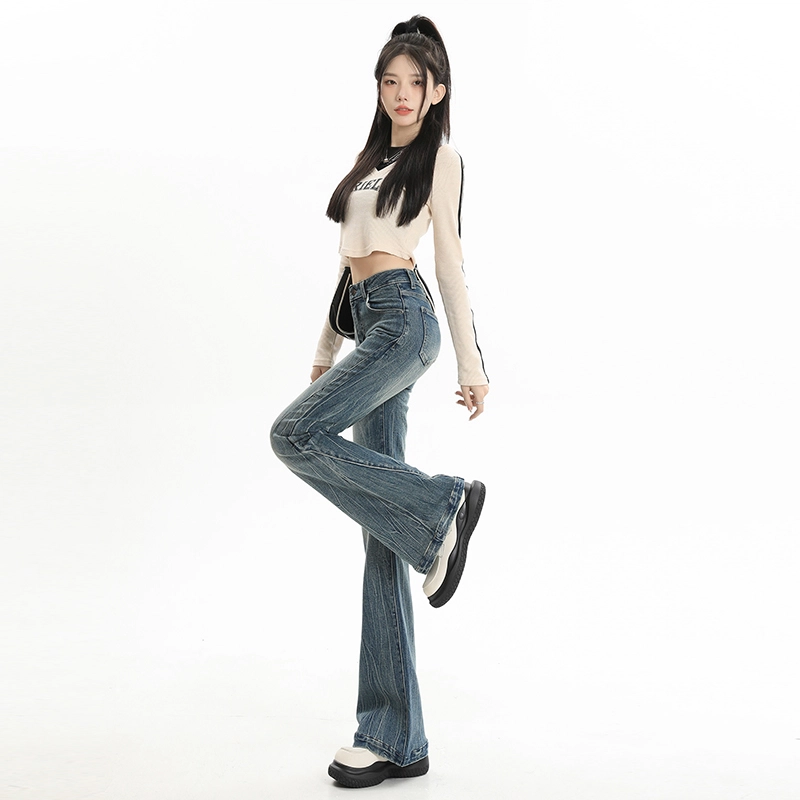 玫丝朵 复古高街做旧猫须设计感微喇拖地牛仔裤 女款