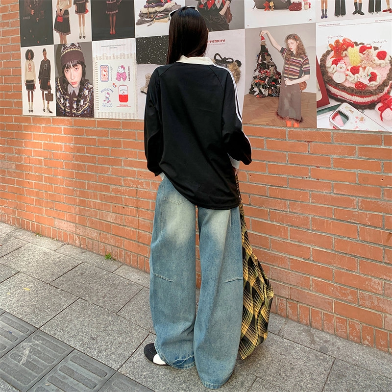 玫丝朵 美式重工拼接扎花宽松弯刀裤慵懒镰刀宽松休闲牛仔裤 女款