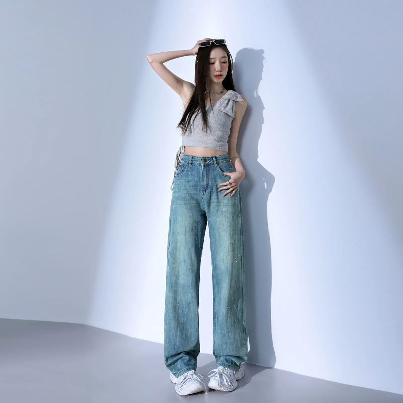 玫丝朵 美式潮流设计时尚百搭宽松阔腿牛仔裤 女款 烫钻孔雀绿