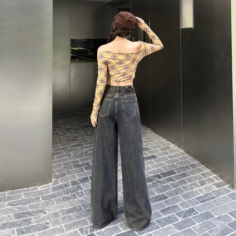 玫丝朵 春季美式复古宽松百搭高腰阔腿拖地女牛仔裤 女款 怀旧蓝灰
