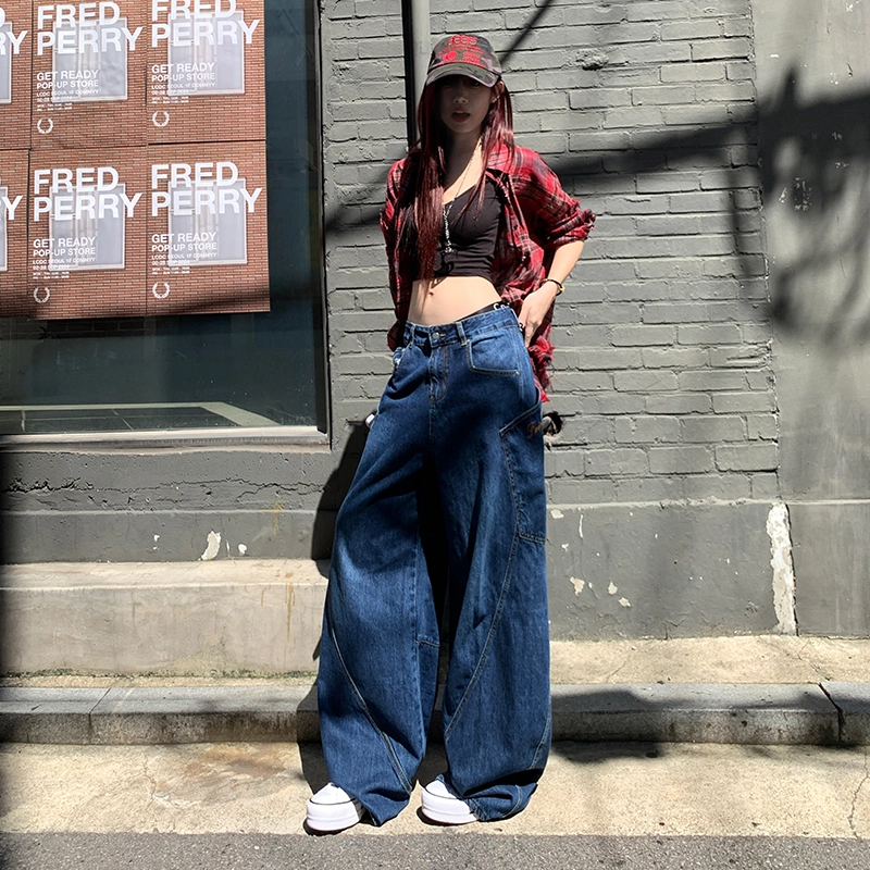 玫丝朵 日系少年感街头弯刀拼接牛仔裤 女款