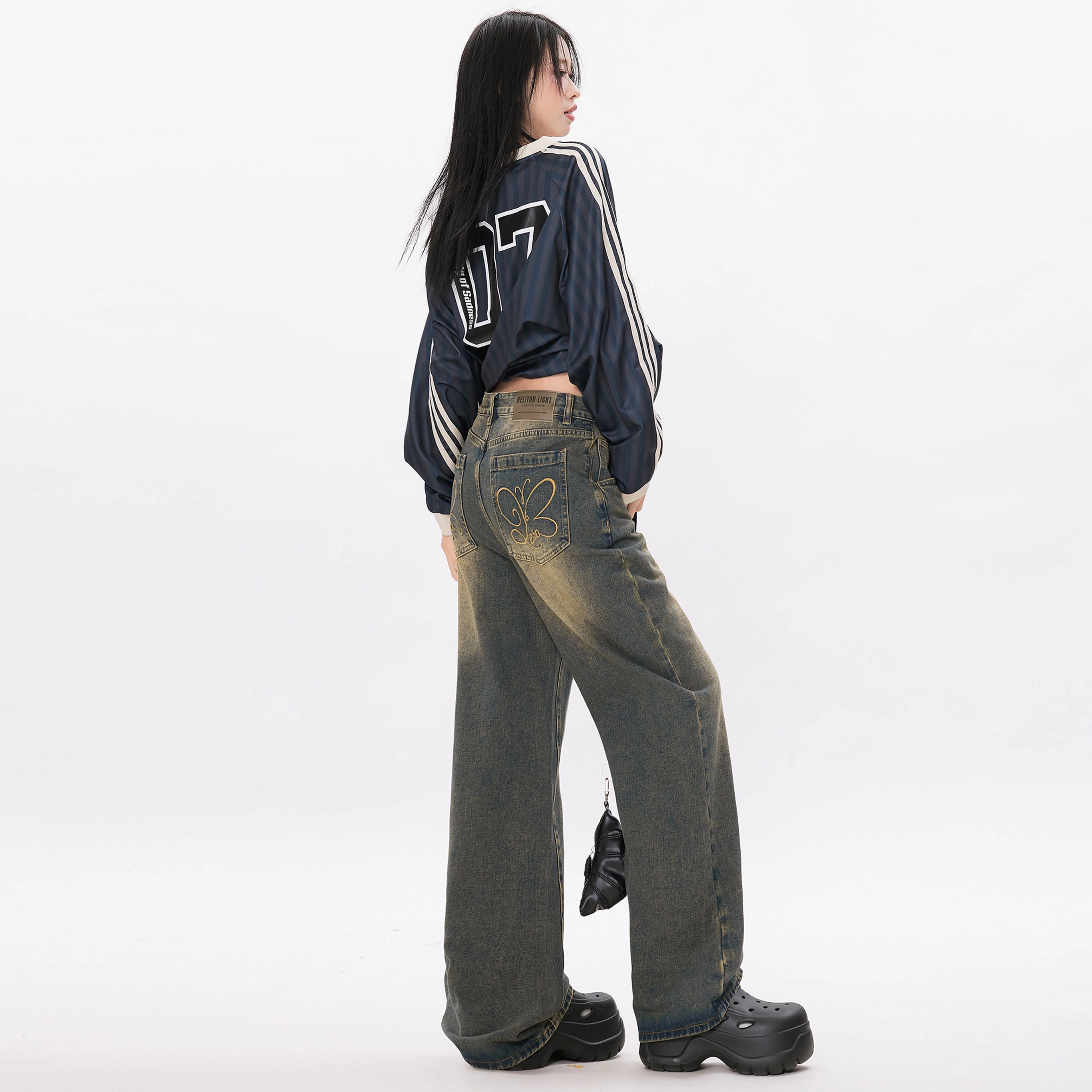 玫丝朵 做旧高腰宽松阔腿裤简约设计感牛仔裤 女 怀旧蓝