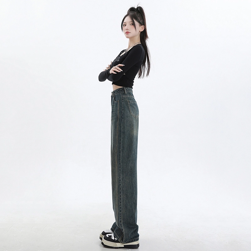 玫丝朵 美式复古百搭高腰宽松阔腿长裤牛仔裤 女款 洗水黄