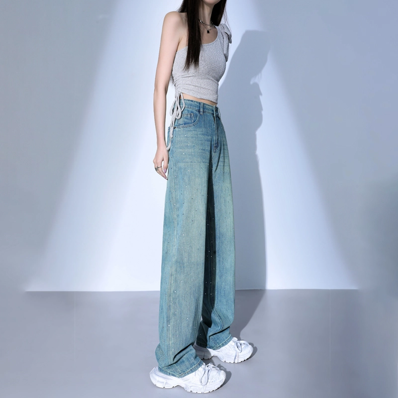 玫丝朵 美式潮流设计时尚百搭宽松阔腿牛仔裤 女款 烫钻孔雀绿