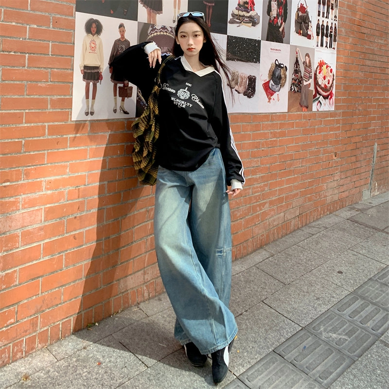 玫丝朵 美式重工拼接扎花宽松弯刀裤慵懒镰刀宽松休闲牛仔裤 女款