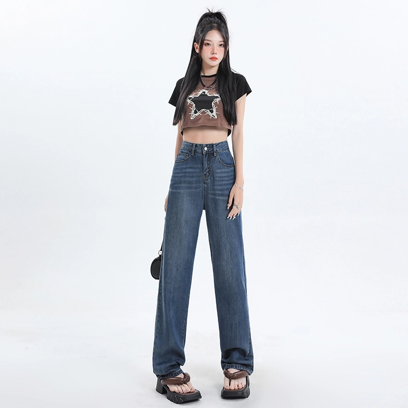 玫丝朵 薄款高腰宽松百搭阔腿垂感牛仔裤 女款