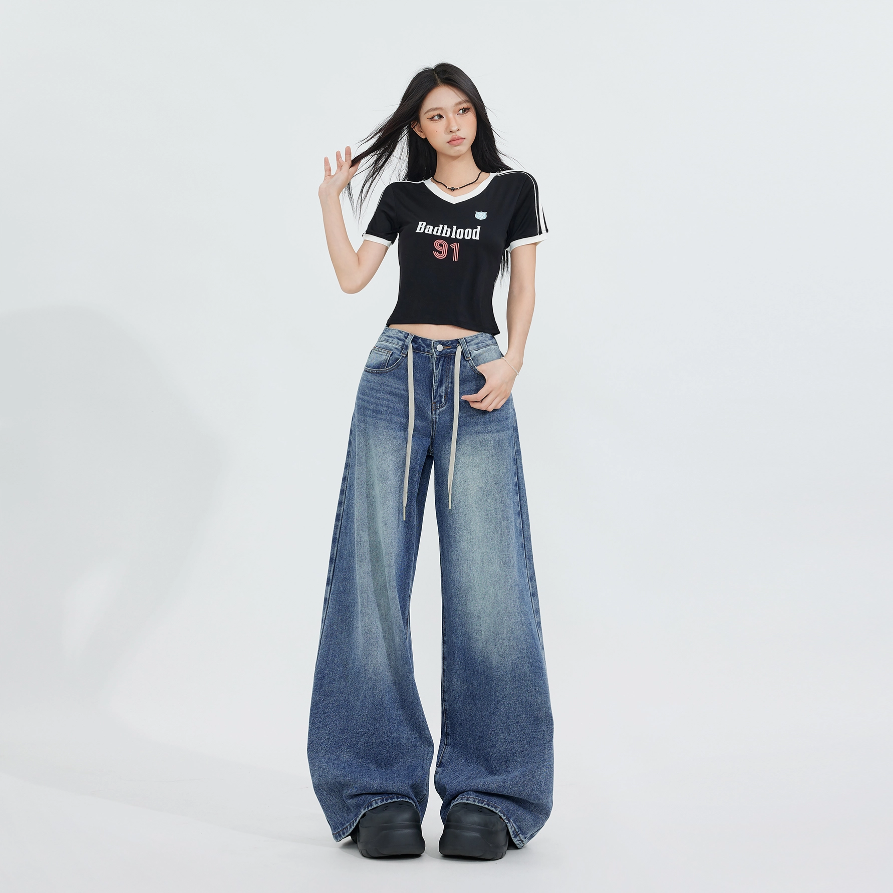 玫丝朵 美式水洗高腰宽松阔腿拖地牛仔裤 女款 复古蓝