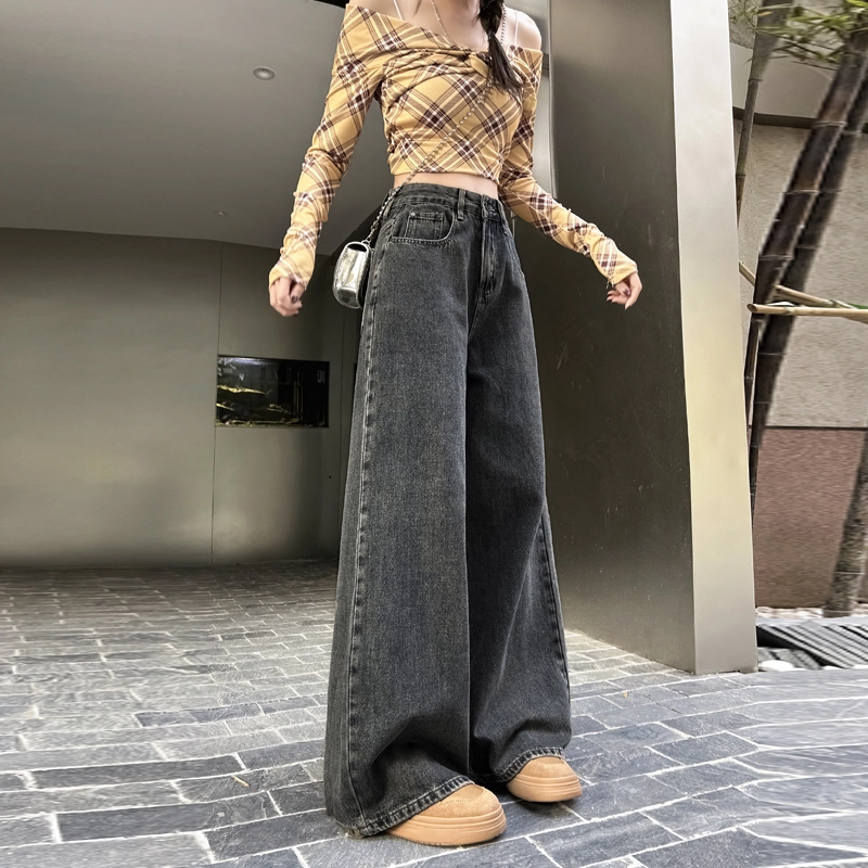玫丝朵 春季美式复古宽松百搭高腰阔腿拖地女牛仔裤 女款 怀旧蓝灰