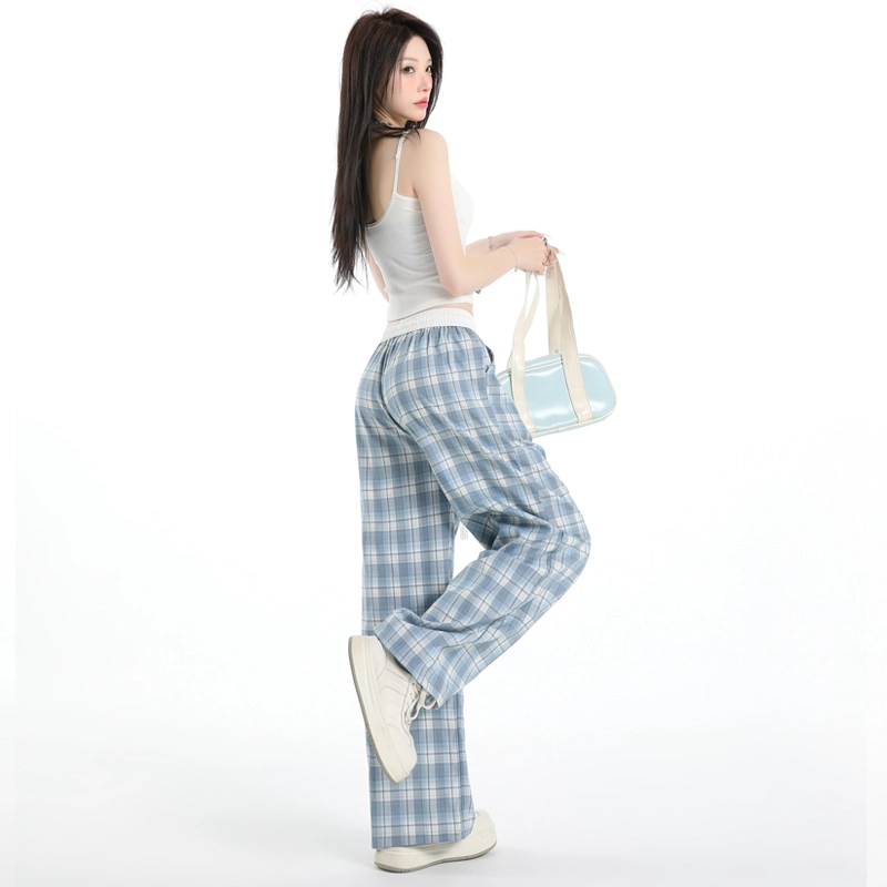 玫丝朵 美式新潮简约纹格设计松紧高腰宽松阔腿休闲裤 女款