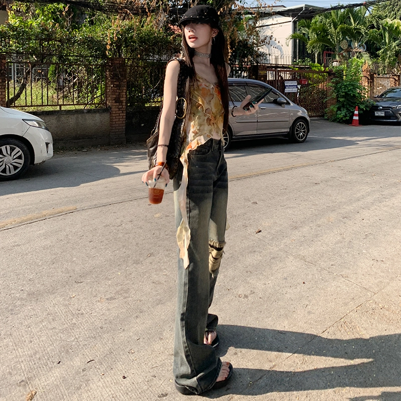 玫丝朵 美式复古酷飒破洞流苏设计时尚百搭喇叭牛仔裤 女款