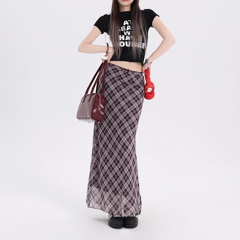 玫丝朵 格子中长款自然腰休闲长裙 女款 蓝青格纹