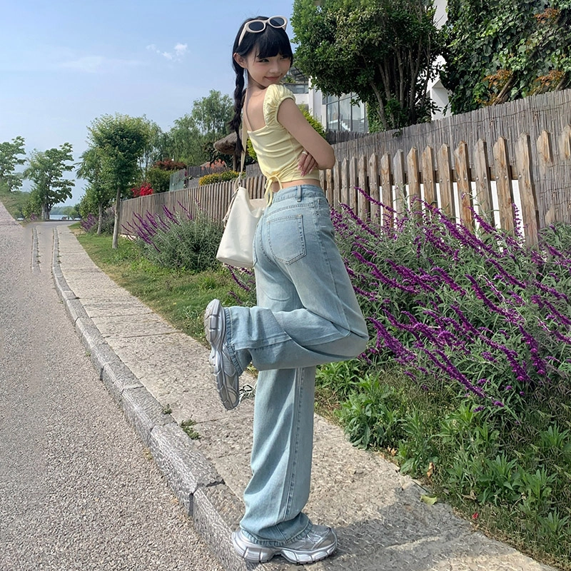 玫丝朵 美式复古做旧设计时尚简约百搭宽松直筒垂感裤子女夏季牛仔裤 女款