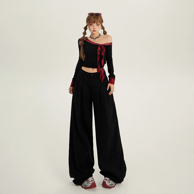 玫丝朵 纯色复古褶皱百搭高腰宽松直筒阔腿拖地牛仔裤 女款 黑色