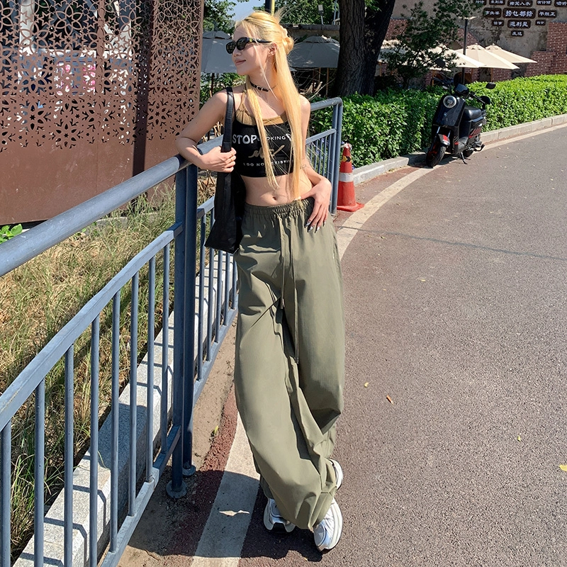 玫丝朵 美式阔腿休闲慵懒松弛感百搭工装裤 女款 军绿色