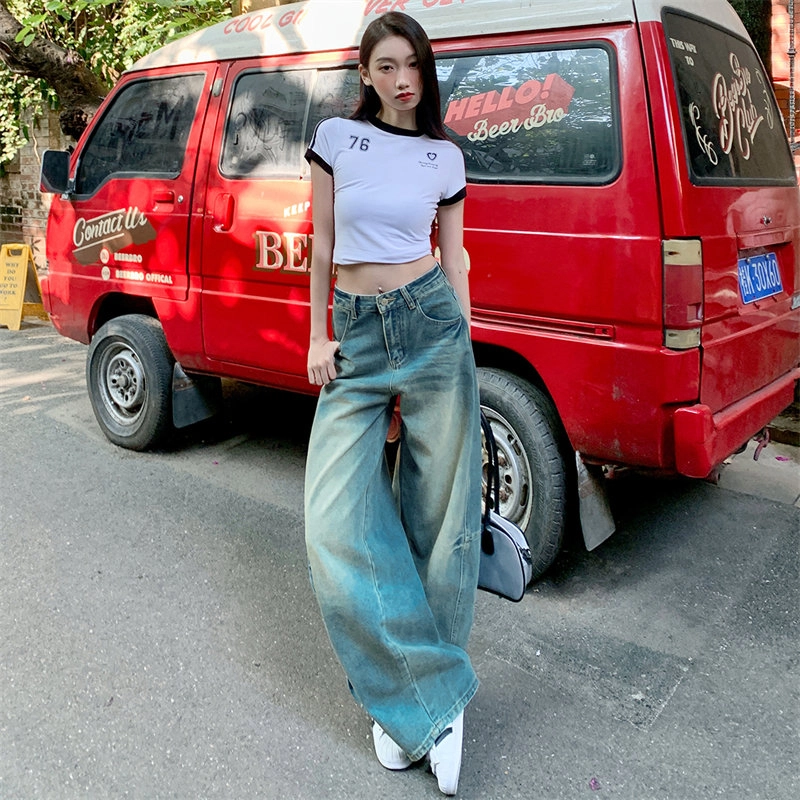 玫丝朵 美式重工拼接扎花宽松弯刀裤慵懒镰刀宽松休闲牛仔裤 女款