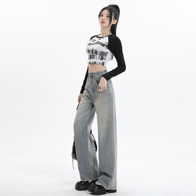 玫丝朵 复古高腰拉链宽松直筒牛仔裤 女款 怀旧蓝