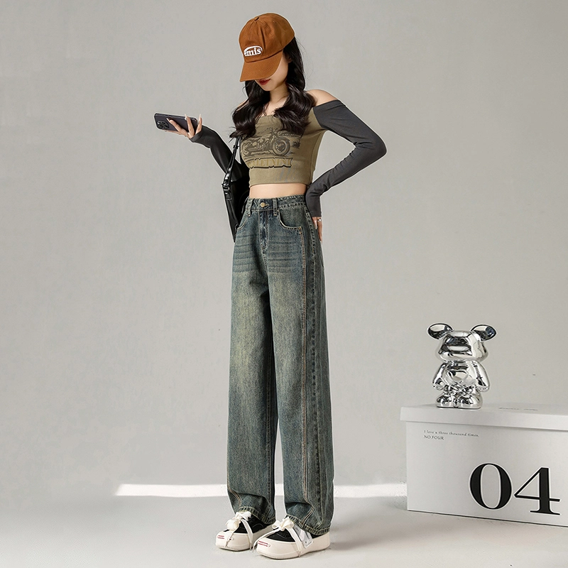 玫丝朵 美式复古百搭高腰宽松阔腿长裤牛仔裤 女款 洗水黄