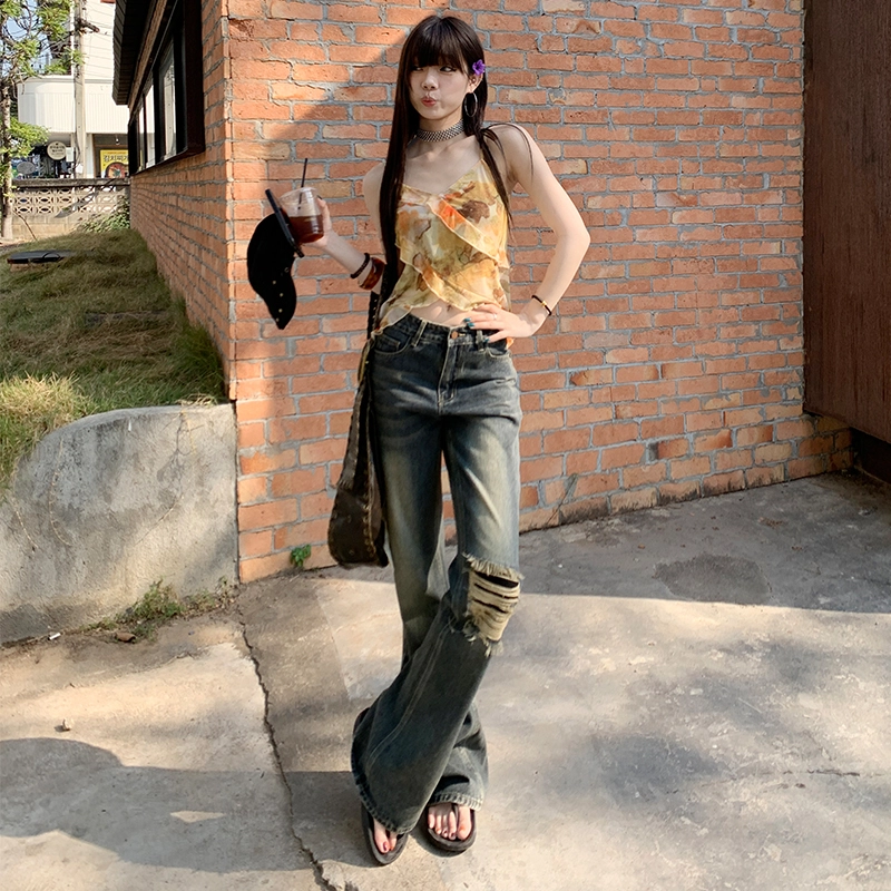 玫丝朵 美式复古酷飒破洞流苏设计时尚百搭喇叭牛仔裤 女款
