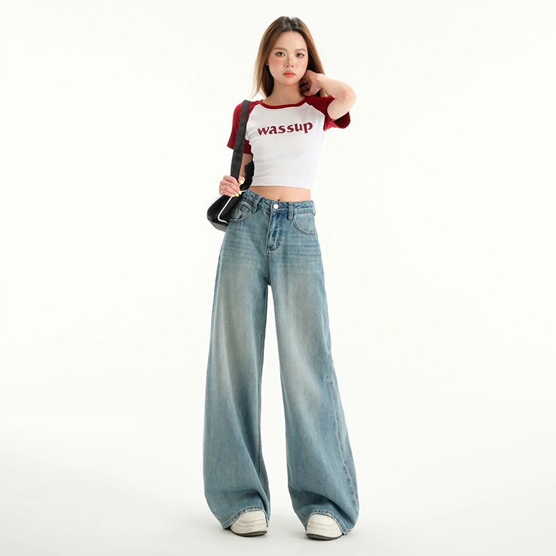 玫丝朵 四季常规高腰百搭时尚宽松显瘦阔腿裤牛仔裤 女款 蓝色