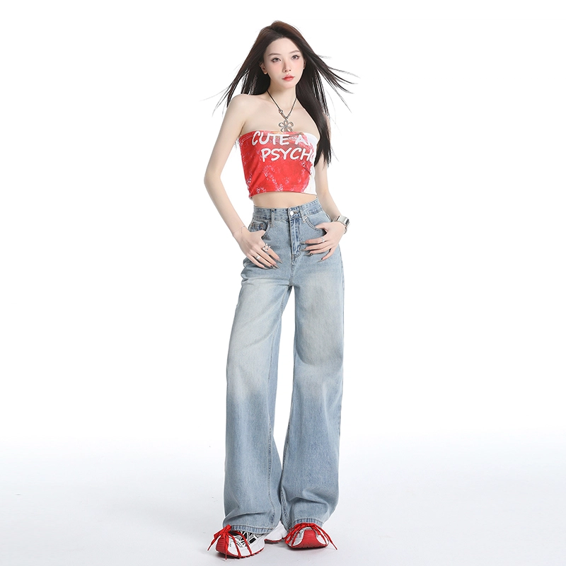 玫丝朵 美式复古直筒高腰宽松牛仔裤 女款